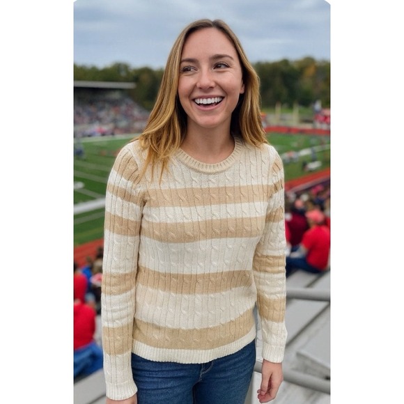 Karen Scott Cable Knit Sweater Striped Crewneck Beige White Cotton Blend Retro - Picture 1 of 5